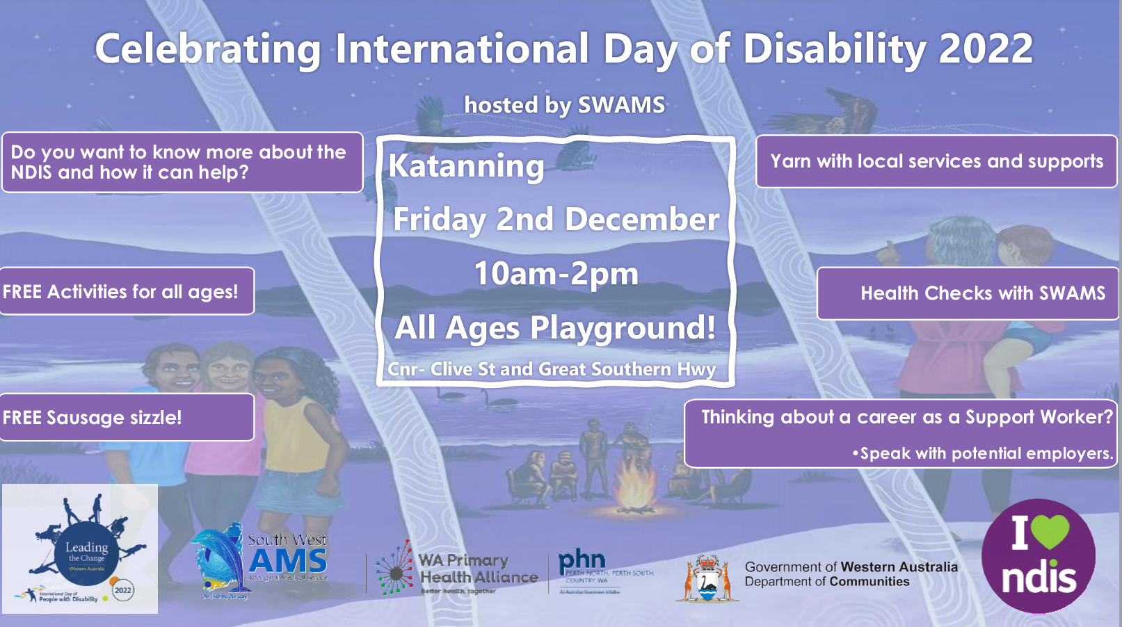 Poster for event: Do you want to know more about the NDIS and how it can help? Free activities for all ages, Free sausage sizzle and yarn with local services and supports